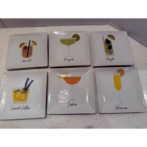 CRATE & BARREL Plates Appetizer‎ Square With Bar Drinks Set Of 6